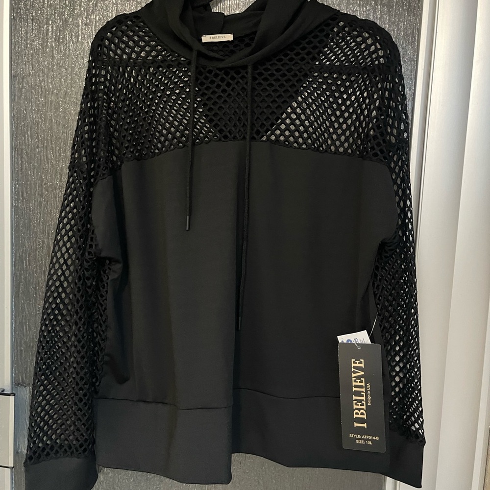 Black Mesh Hoodie Top